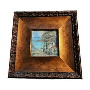 Vintage Mediterranean Seascape Pigment Embellished Repro, Framed and Signed